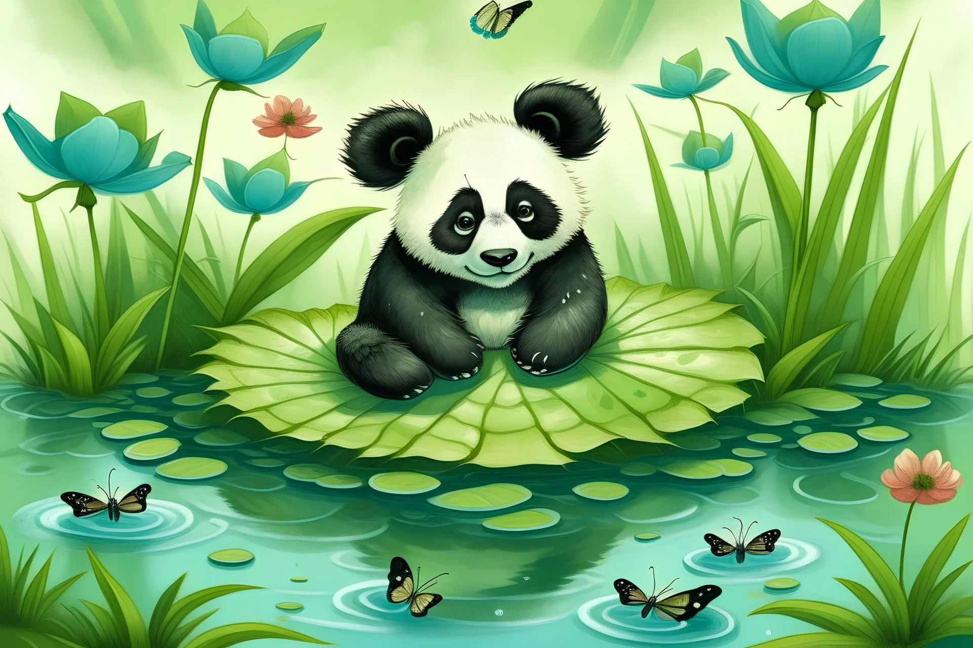 panda sitting on a water lily leaf with dragon flies