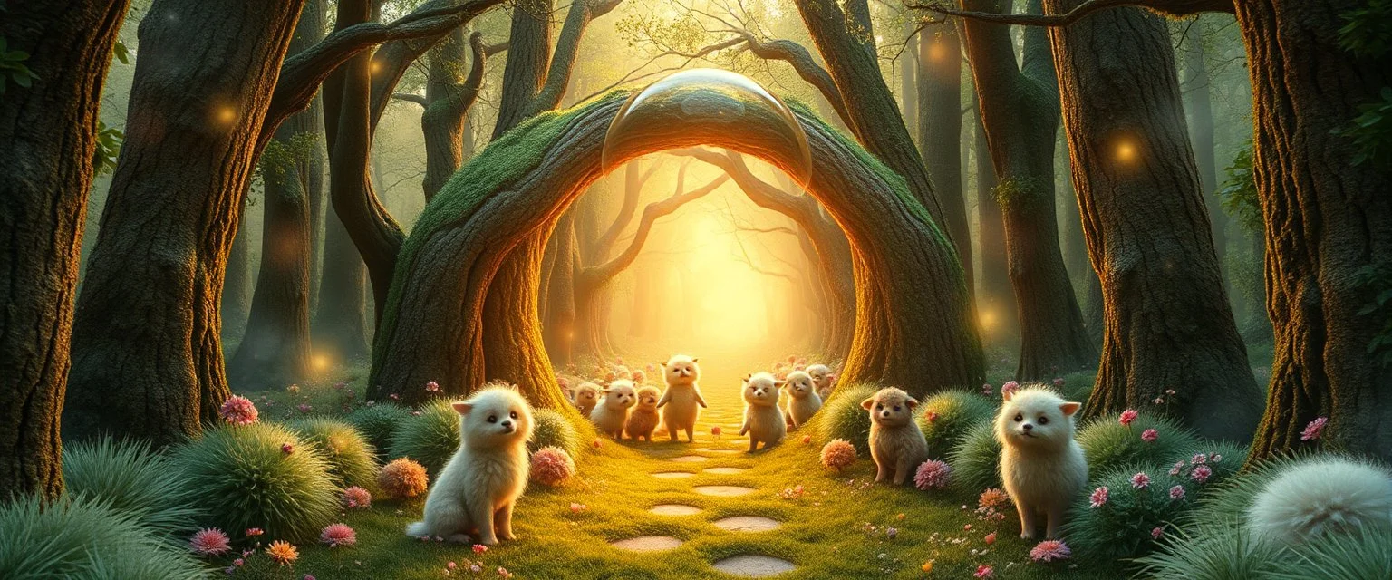 in the magical mirror forest you enter the strangest bubble doorway to weird dimension and the aura of its heavenly fluffy elevated messed up woodland creatures