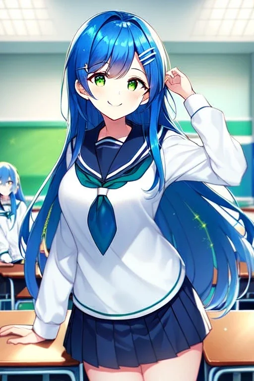 girl, masterpiece, best quality, cinematic lighting, detailed outfit, vibrant colors, perfect eyes, long hair, blue hair, green eyes, hairclip, indoors, ray tracing, god rays, in spring, classroom, sparkle, depth of field, smile, school outfit,