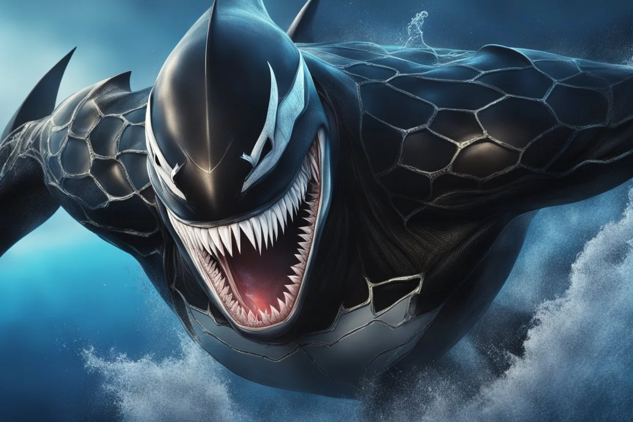 Black shark in 8k venom drawing, symbiote effects, blue lights, sea, intricate details, highly detailed, high details, detailed portrait, masterpiece,ultra detailed, ultra quality