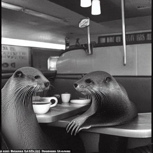 Photo of otters having coffee in a diner 1920s