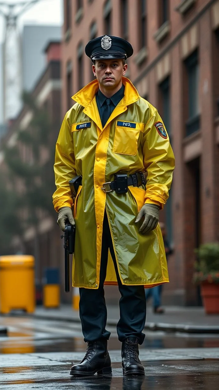 vintage retro nypd full body color policeman wtih heavy yellow rain transparent coat