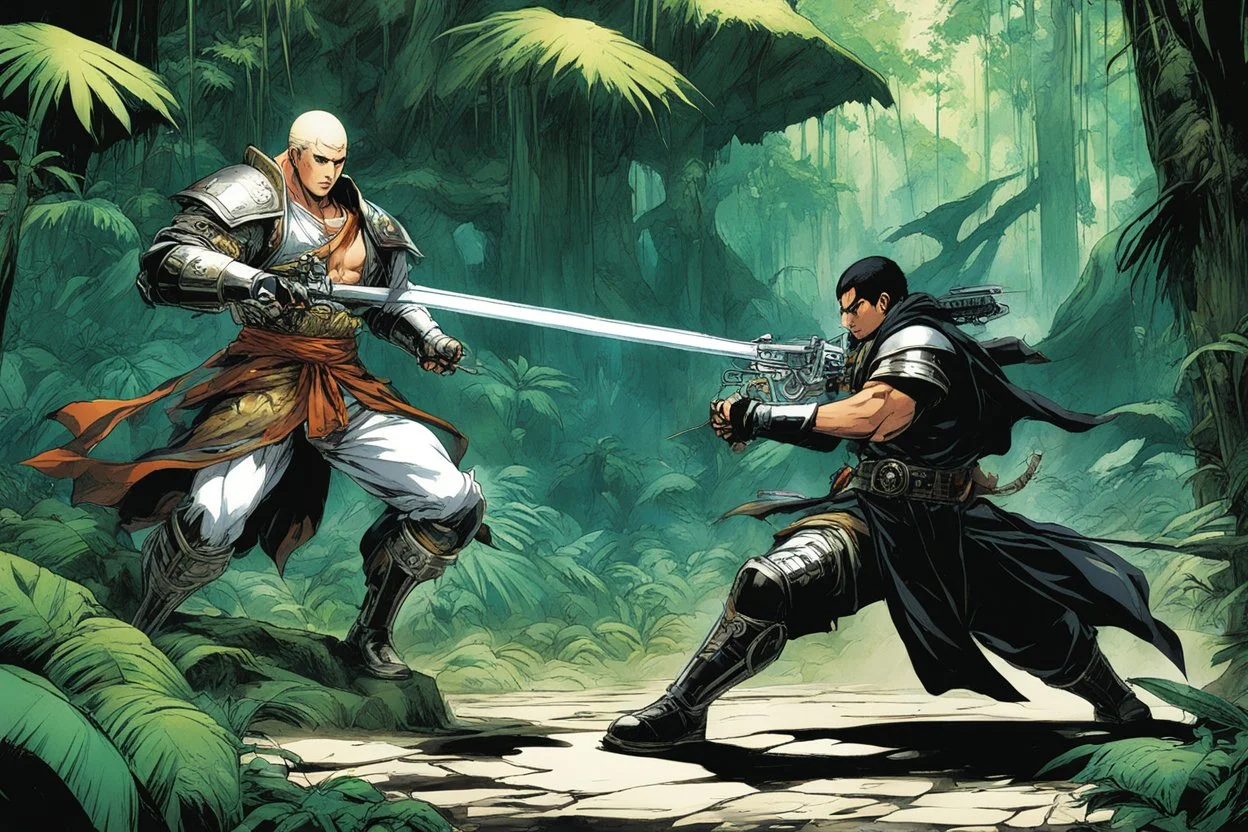 (in the style of Orion, by Masamune Shirow) a gangsta monk fight against a paladin knight in the jungle