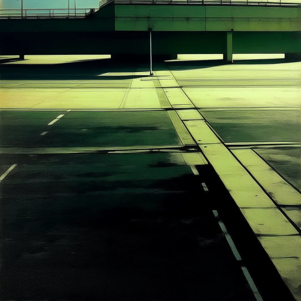 Minimal contemporary abstract photo of a concrete desolate 1960s carpark. In the style of Justin Mortimer and Francis Bacon. road markings on tarmac.