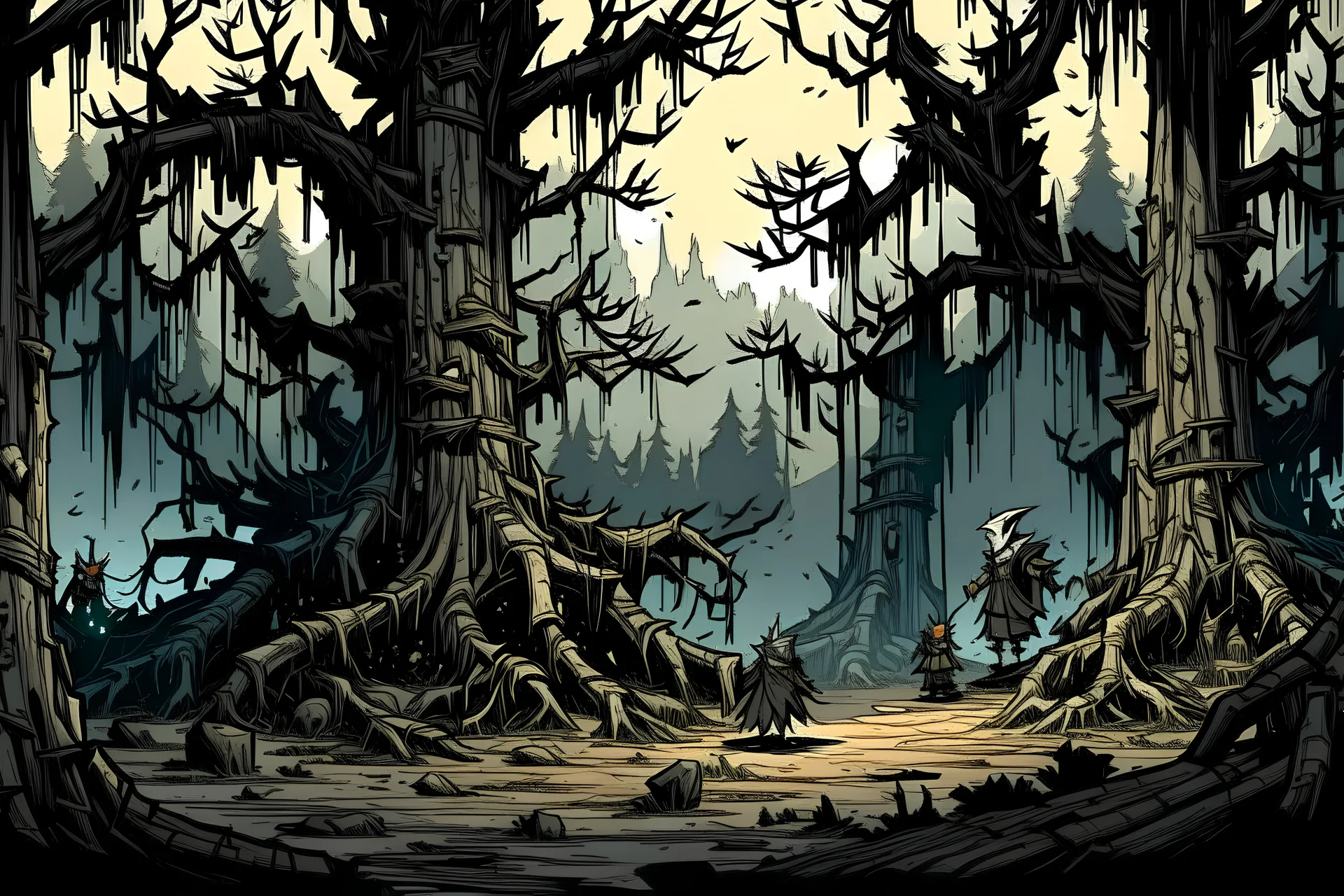 Comic-Stil. düsterer Wald mit gnarly trees, Engelsstatue, darkest dungeon