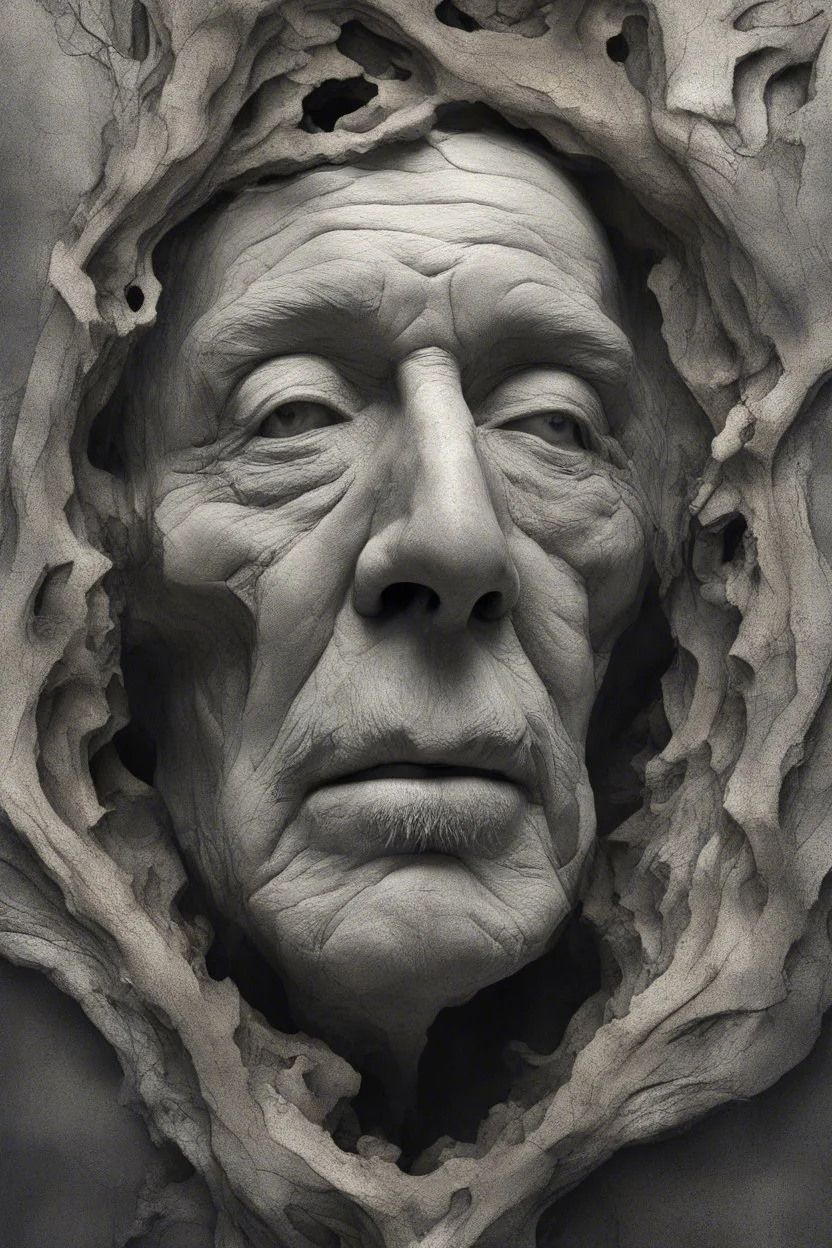 surrealis monochrome A fragmented, surreal sculpture liguid color of photorealistic image 3d,psychedelic art of an old man face glossy emerging from dreamlike a crumbling building. The face appears pale with deep cracks and intricate details, evoking a haunting expression. Blackened tree branches intertwine with the gold mengkilat cracks, set against a backdrop of stormy, cloud-filled skies. bauhaus art The overall tone is dark and moody, suggesting themes of decay and transformation. Include