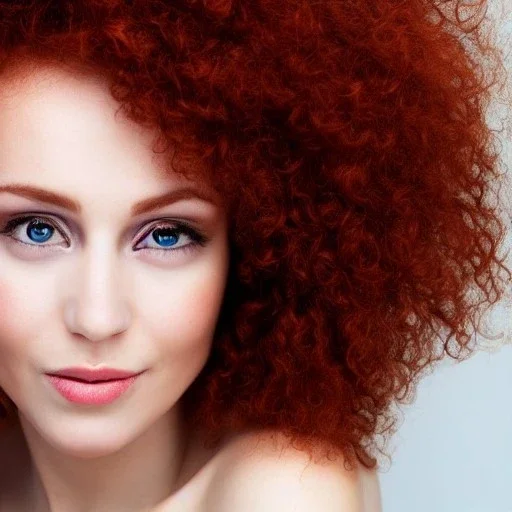 Woman with red curly hair and brown eyes