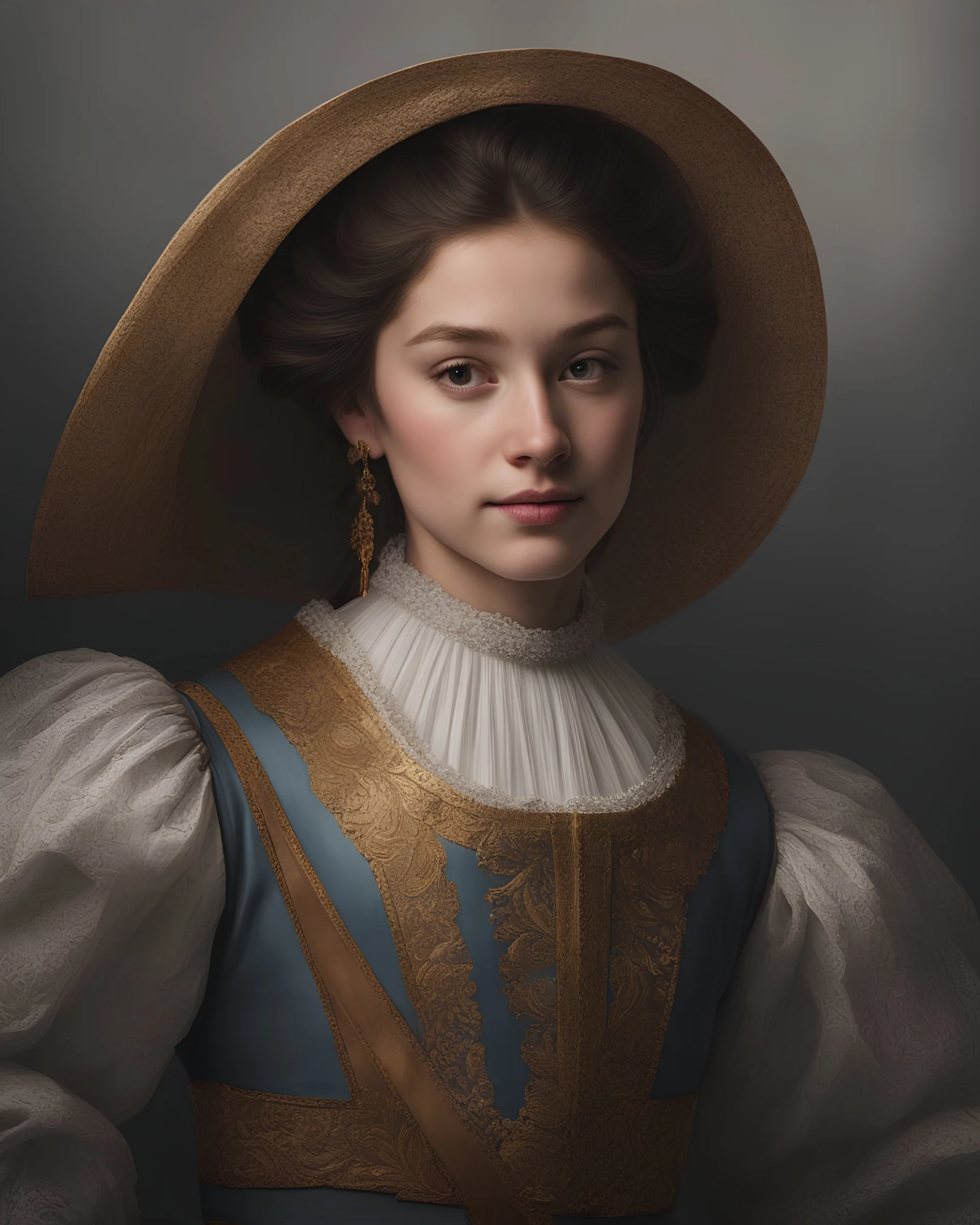 portrait of a girl with half smile, in the style of Inga Mihailovic , (Rembrandt Lighting), zeiss lens, ultra realistic, (high detailed skin:1.2), 8k uhd, dslr, Dramatic Rim light, high quality, Fujifilm XT3