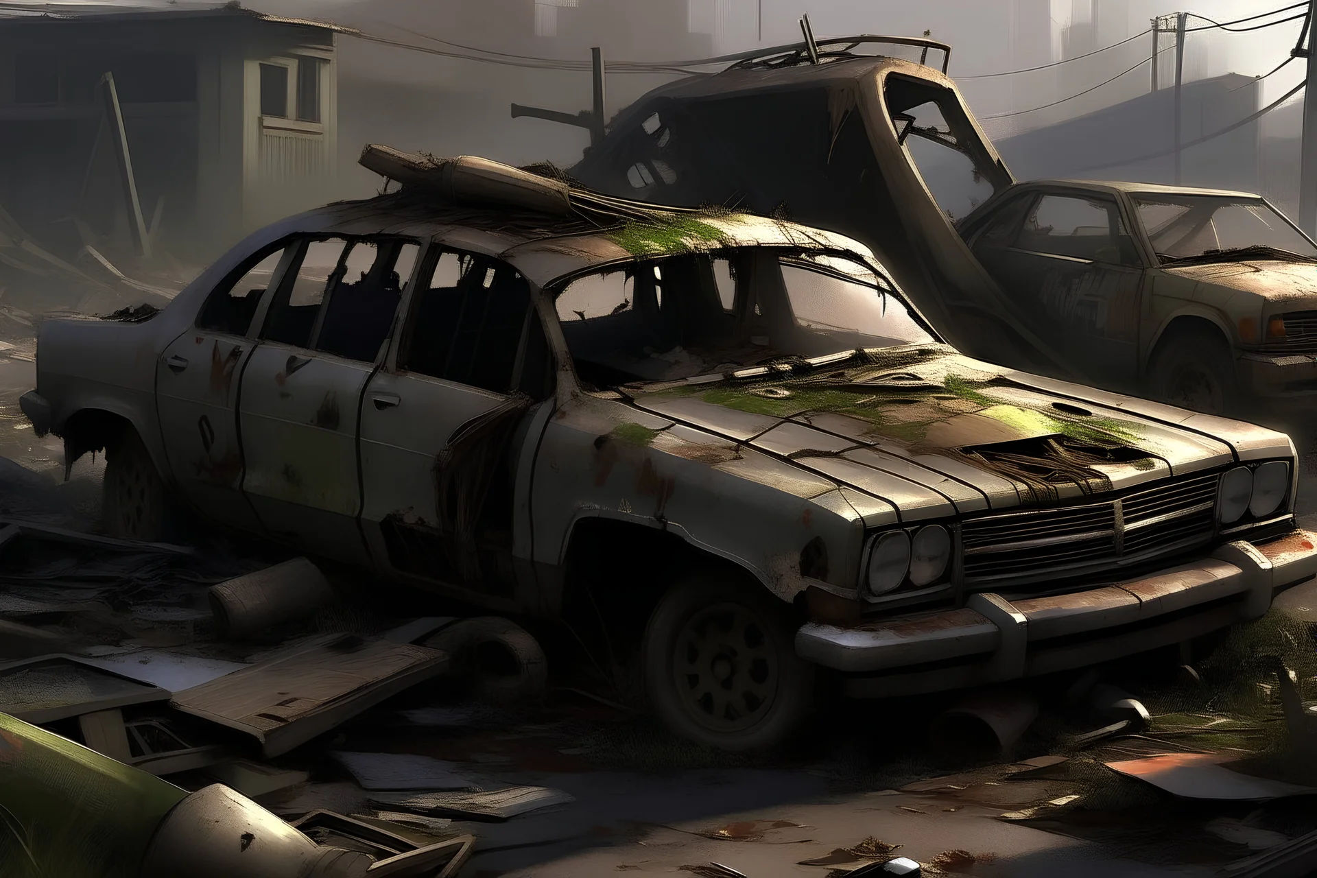 car accident, post-apocalyptic, concept art