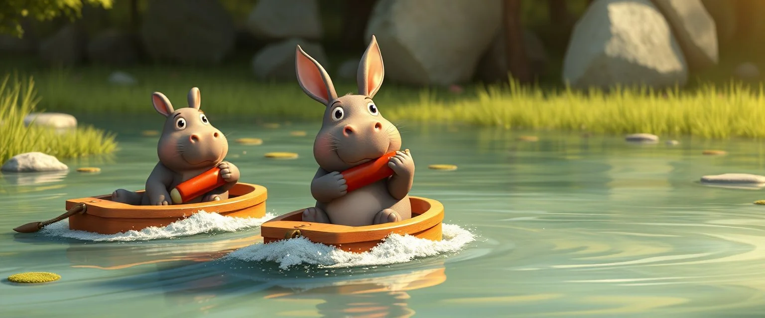 realistic ghibli crazy cute small fluffy hippo bunny with friends, eating hot dogs, while sailing down a stream on small boats