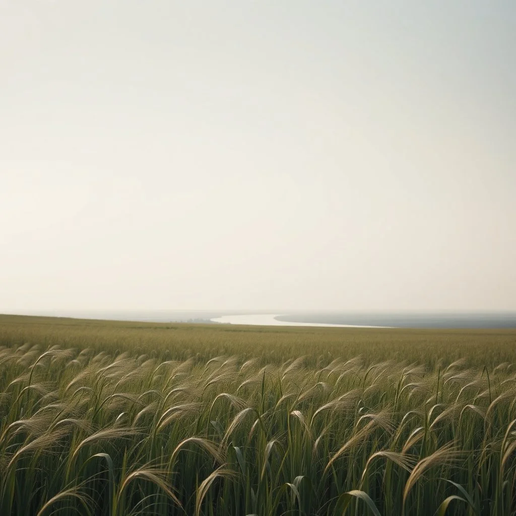 Melancholic, ultra-realistic photograph of a vast field swaying gently in the wind, delicate green stalks moving like waves, soft light of a clean sky, subtle haze in the distance, a lonely river glimmers faintly between the fields, atmosphere of quiet sadness and timeless beauty, cinematic, hyper-detailed, emotional and mesmerizing