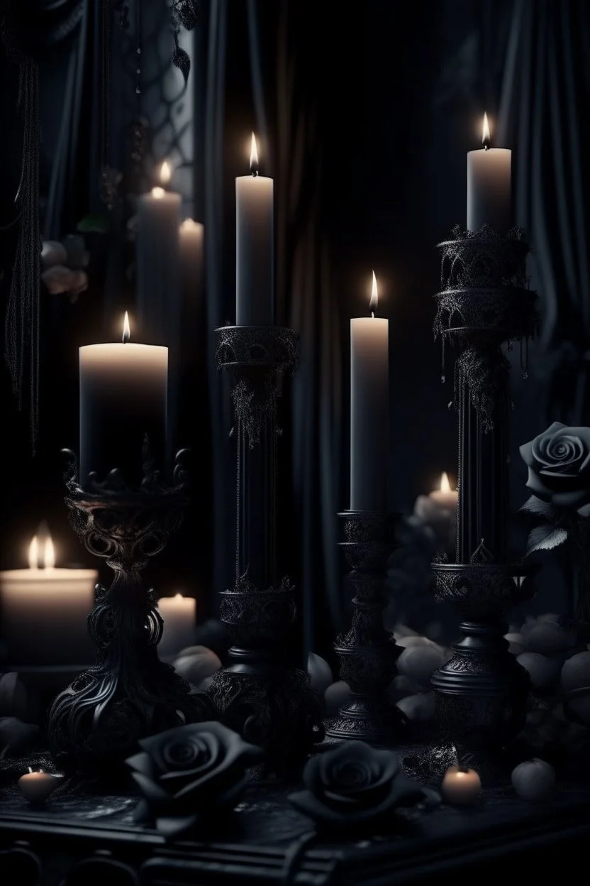 MAGIC Gothic black candles, black lace, pearls, black roses on a white background, trending on Artstation ::{creative commons}:: Illustration :: Color correction:: Filmic, Nikon D750, Brenizer Method, Perspective, Depth of Field, F/ 2.8, Lens Flare, Tonal Colors, 8K, Full-HD, ProPhoto RGB, Perfectionism, Frame Illumination, Natural Lighting, Soft Backlight