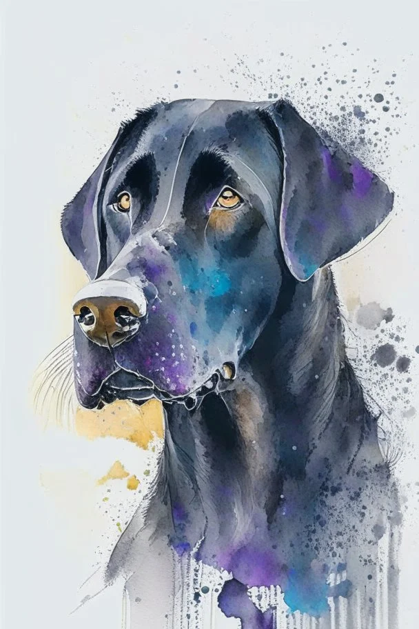 abstract watercolour of a black Labrador dog’s head
