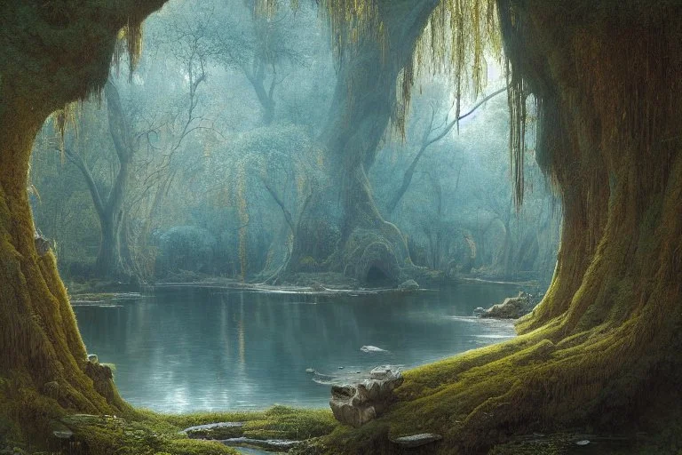 emerald river beneath incredible ancient stone arches, autumn trees, no people, by Ivan Shishkin, Ferdinand Knab, Dan Seagrave, Erik Johansson, Peter Mohrbacher, Anato Finnstark, Flavio Greco Paglia. unreal engine, bokeh sharp focus dof ultra realistic oil on canvas beautiful award winning photograph ultra detailed