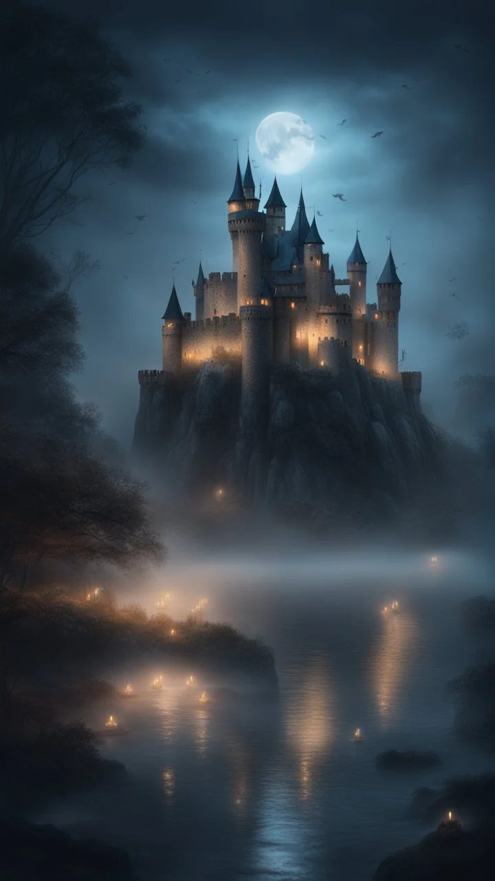 Hyper realistic huge haunted castle in a heavy foggy night with fireflies between an ocean