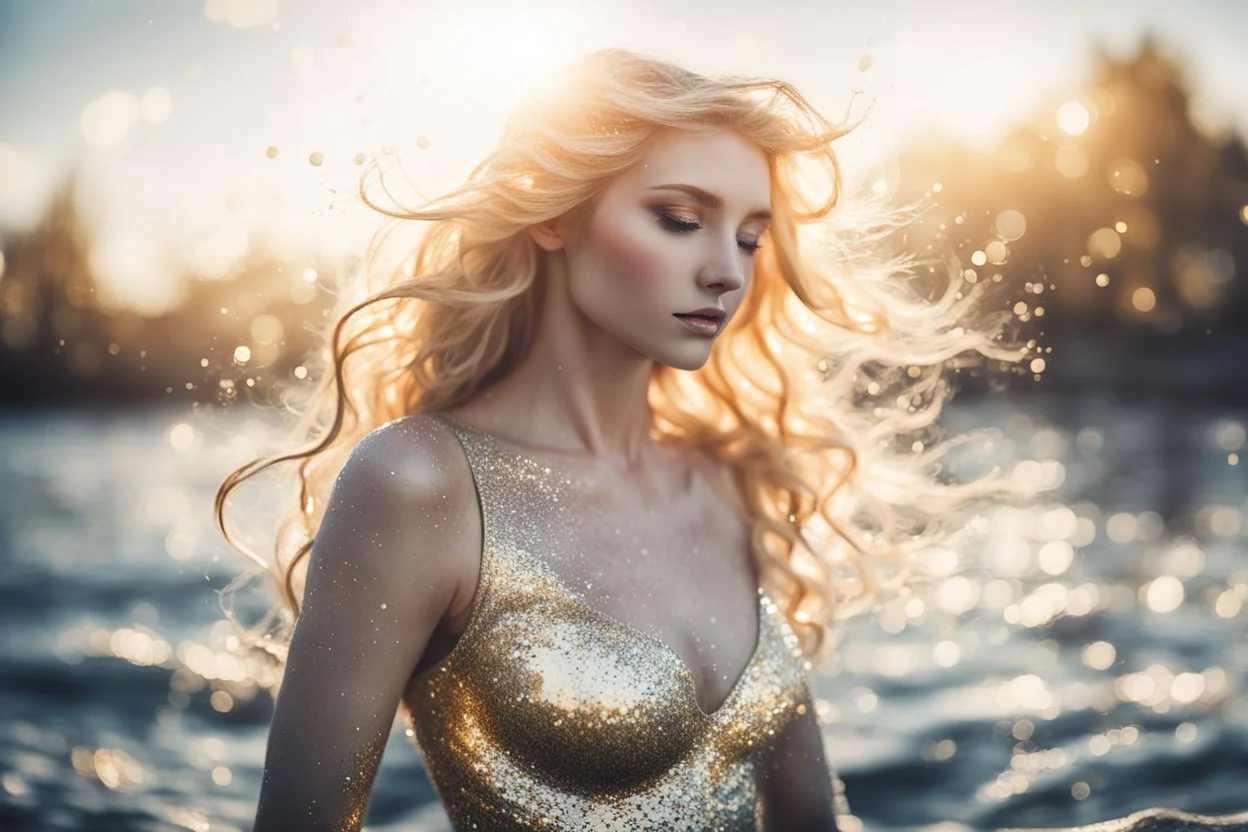 silver mermaid in sunshine, watercolor and black ink outlines, sparkling golden glitter, ethereal, cinematic postprocessing, bokeh, dof