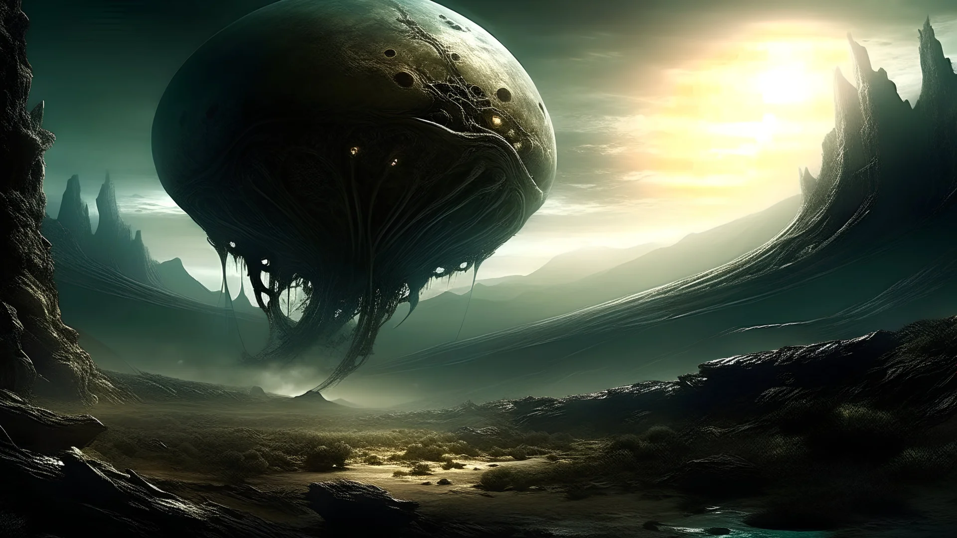 Generate a stange alien planet with never seen before monster, in a valley of death, HD