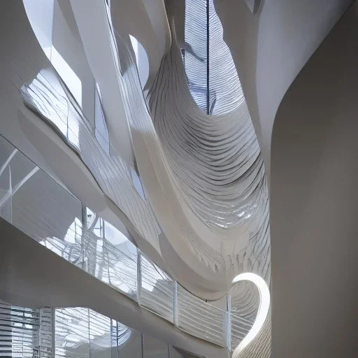 10 Grenelle, biomorphic structure, centrepiece, france, interior design, Les Echos, Le Parisien, LVMH, media division, minimalist, office environment, parametric sculpture, Paris,Glowing ghostly lights, refined details, staircase , a masterpiece of Asaf Hanuka mixed with Ora Ito