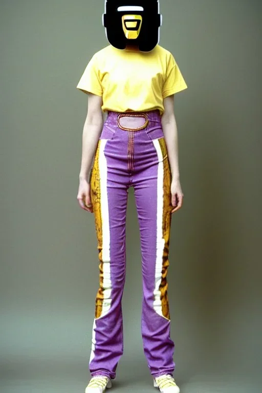 Photograph of a woman. Huge prints on denim,terracotta, cream and purple, lilac. Cream colored latex parts. Baggy, low waist jeans, 1996!imperial yellow, red plum mixed stripes, only on top half of t-shirt. Plant print.European daft punk woman. Mantle is sewed of recycled Denim and sewed together of recycled polymer felt. lace, Yellow(Munsell) areas. hint of orange as effect color!!Big bright purple/khaki felt tippet and cream or blue or lilac colored-hood. mantle is merged with cobalt boler