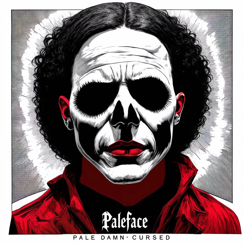 create dramatic album cover art for band text "Paleface", album CURSED, color illustrated cover art, pale damned faceless, minimalism