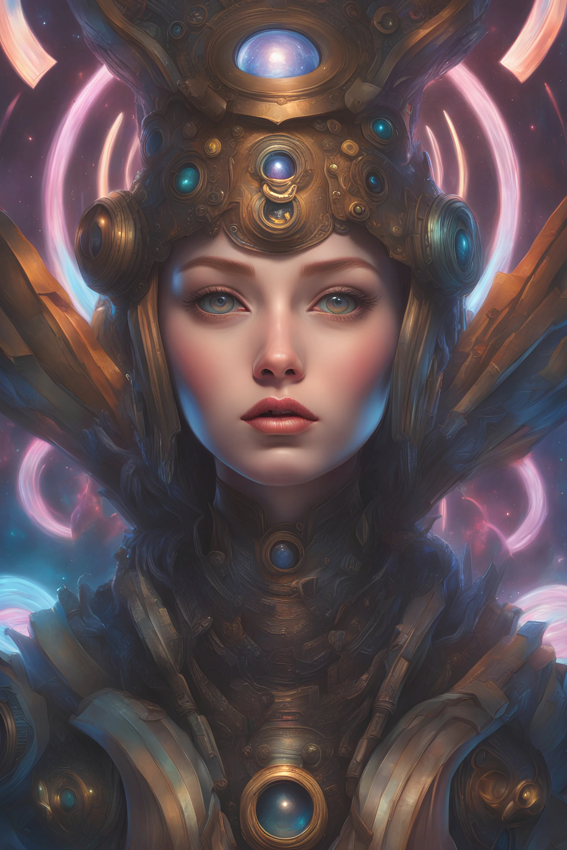 A weird sci-fi fantasy body masterwork portrait painting of young cute girl, with white skin, wide eyes, bosom and soft belly,colorful8k resolution concept art, Greg Rutkowski,SIXMOREVODKA, pastel color, Nighttime Lighting, digital illustration, 4K, Hyperdetailed, Intricate Details, 3D shading, Art of Illusion