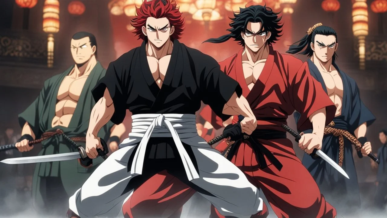 yujiro hanma vs yoriichi tsugukuni, baki vs kimetsu no yaiba, two mans standing in front of each other, a big strong man in black shirt with red hair facing a smaller swordsman with long hair in traditional japanese clothes