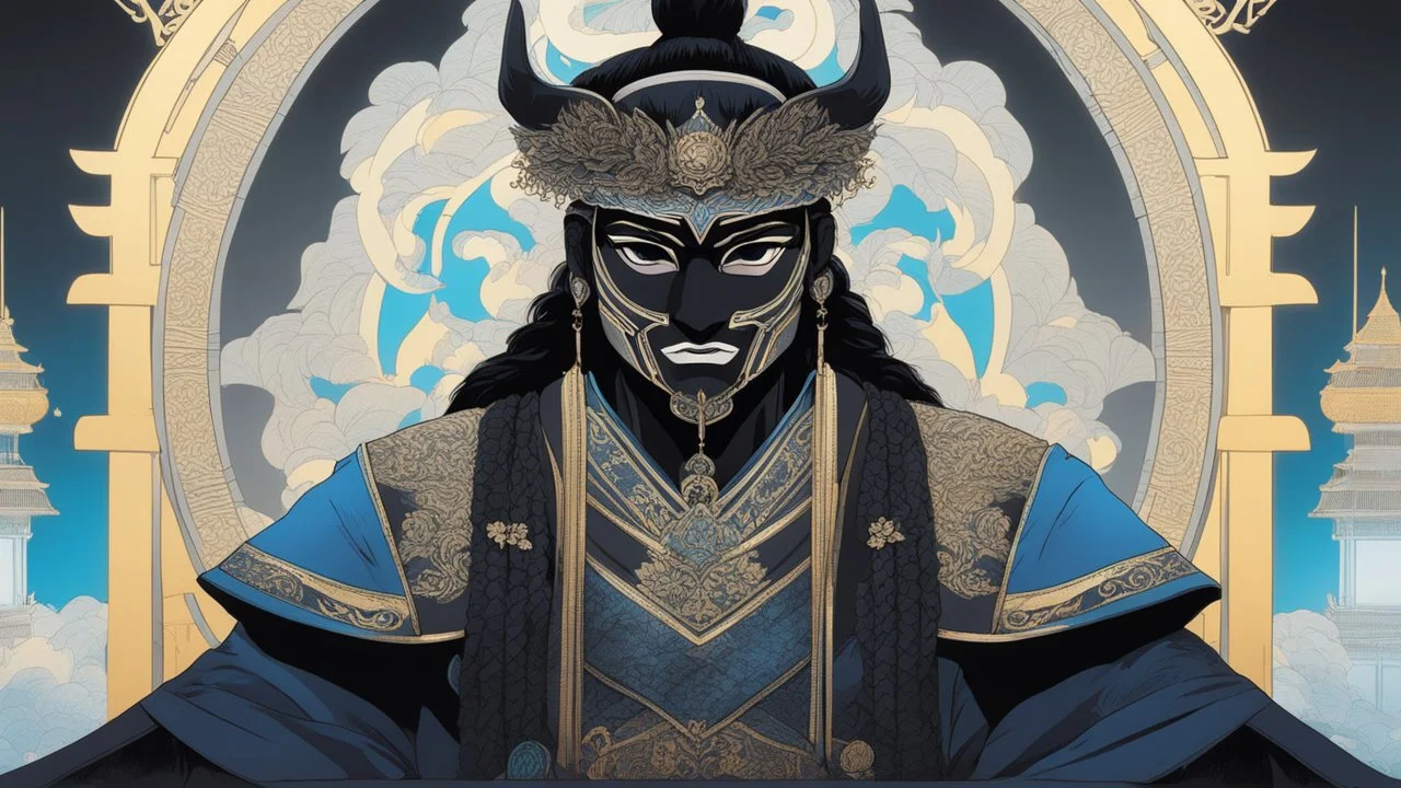 A man wears a black glass mask and Chinese clothes , black and blue color, solo leveling shadow drawing style, neon, intricate details, highly detailed, high details, detailed portrait, masterpiece,ultra detailed, ultra quality