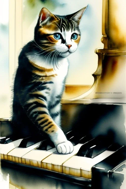 A young beautiful cat, portrait, is playing on a piano, Vienna in the background, watercolour