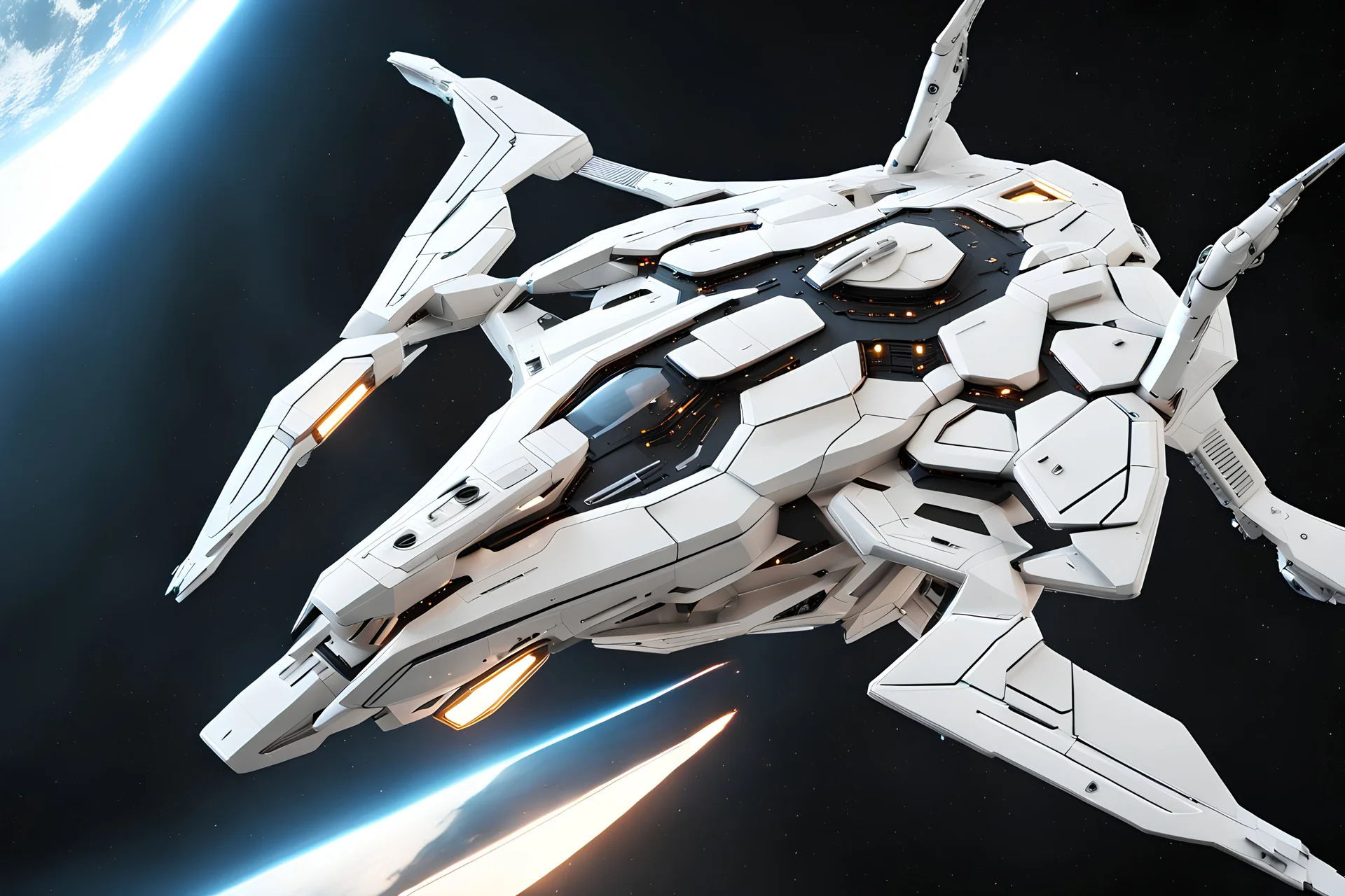 sci-fi spaceship in the style of EVE-online (((side view: 1.4))) , cubically angular shapes, rounded structural elements, rectangular portholes, illuminated from the inside, volumetric light, even lighting, sci-fi design, white color,sky-fi design, view from space, Cinestill 800T octane render, ward winning intricate detail realism 8K Octane, Blender, ,cyborg style