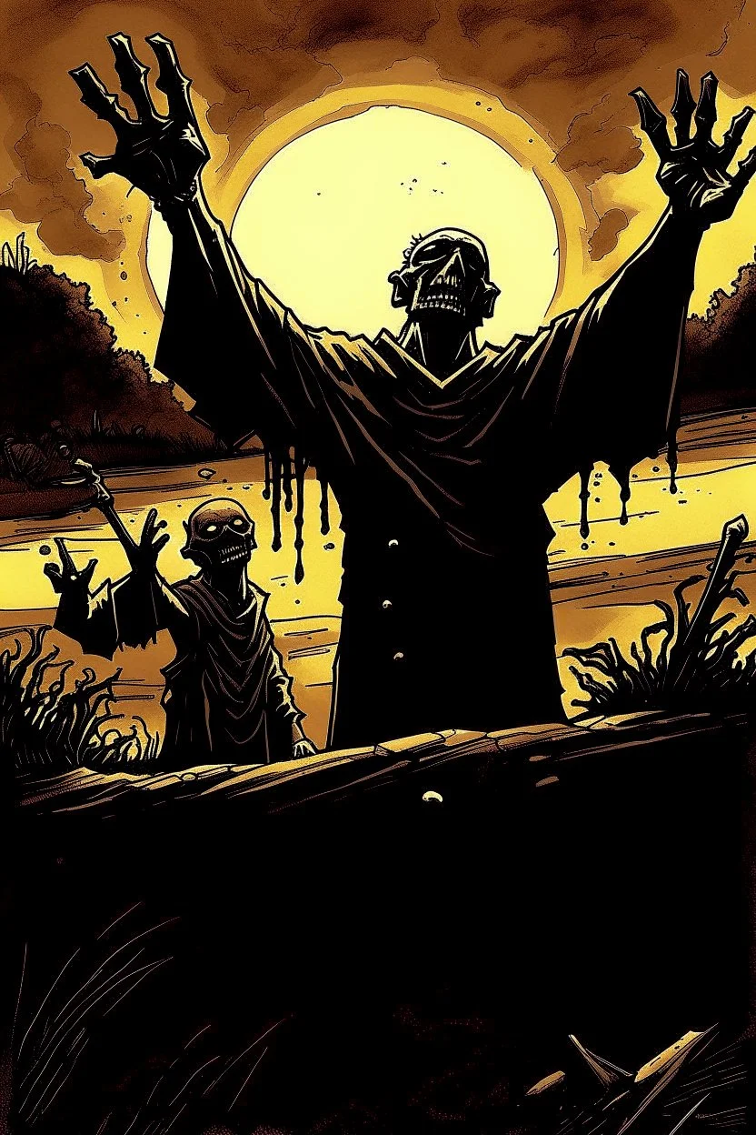 zombie priest being sucked down into a tar pit at sunset raising an arm holding a bible only his head and one arm showing, modern stylish comic book art, by Ted McKeever style, by Zdzislaw Beksinski, ink wash mind-bending illustration, dark shine, by Victor Pasmore