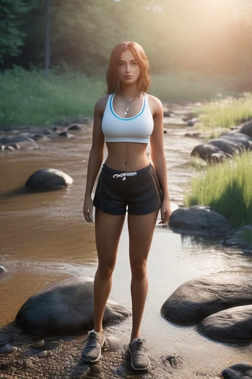 realistic, portrait and full body of a woman standing next to rocky river in country side, beautiful face with nice make up, sunlight, cinematic light, bangs, a beautiful woman, beautiful eyes, brown curved hair, perfect anatomy, very cute, princess eyes , (blue eyes) , nice sport shoes ,Centered image, stylized, life size,8k Resolution, low-cut dress with small blue details, human hands, wonder full, elegant, approaching perfection, dynamic, highly detailed, character sheet,