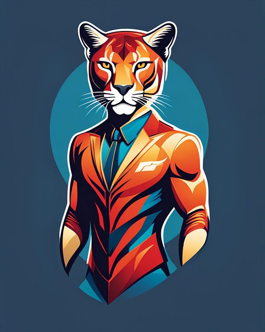 Logotipo simétrico Full body Cougar man man with puma mask in his eyes stylized lineal art complementary colors quality ultra 12k super héroe