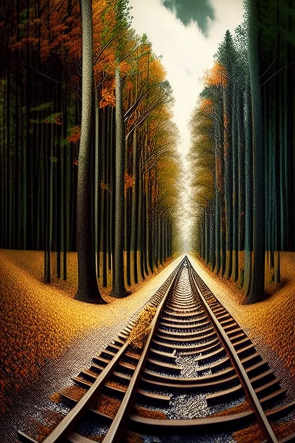 a railroad track, going through the woods, in various climate seasons, on 6 mathematical planes of perspective