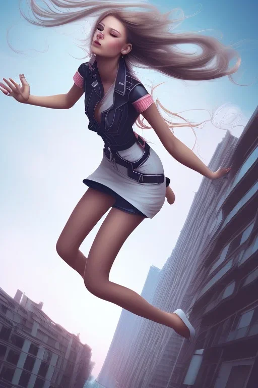 Girl falling off a building, looking down, long hair, cute, beautiful