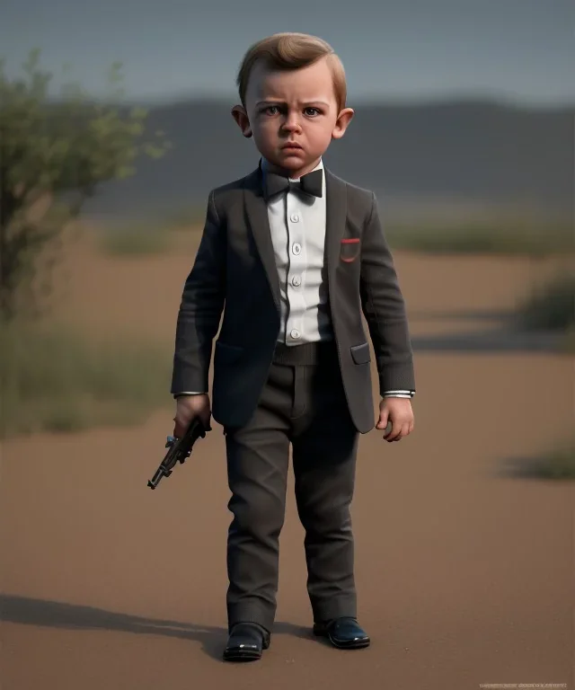 James bond toddler, full body, gun, car, dramatic lighting, hyper realistic