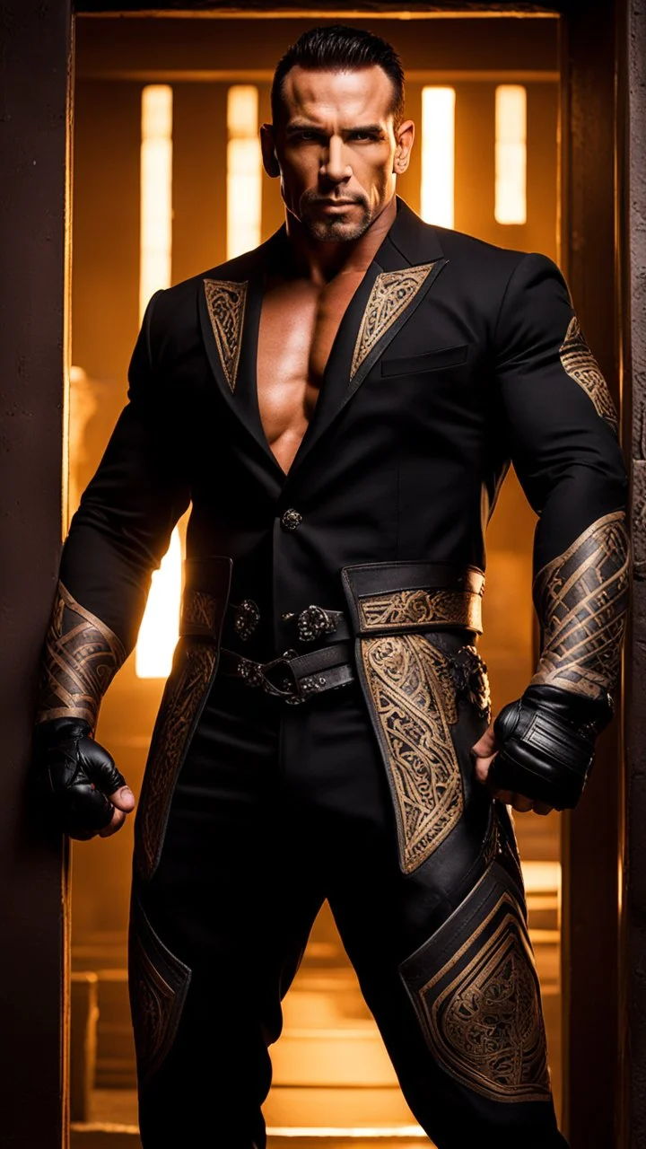 Jason David Frank as a Very muscular alpha male with short hair and tribal tattoos wearing a black designer suit , standing in a doorway