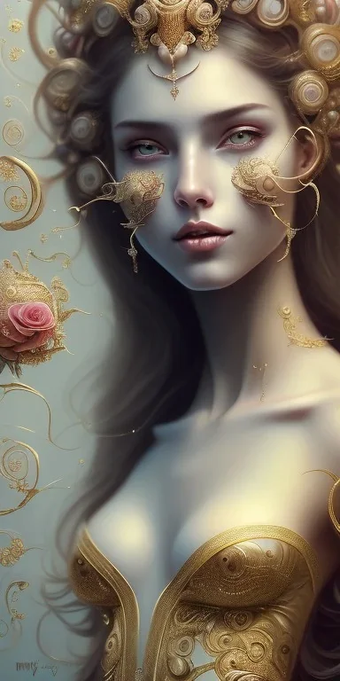 ultradetailed beautiful portrait painting of love Aphordite with short flowing brown hair and sharp piercing gaze of deep grey eyes, alluring beauty, smile lip, wearing jewels, roses, ultra ornate, gold leaf deatils, wearing white dress, by conrad roset, greg rutkowski and artgerm, trending on artstation