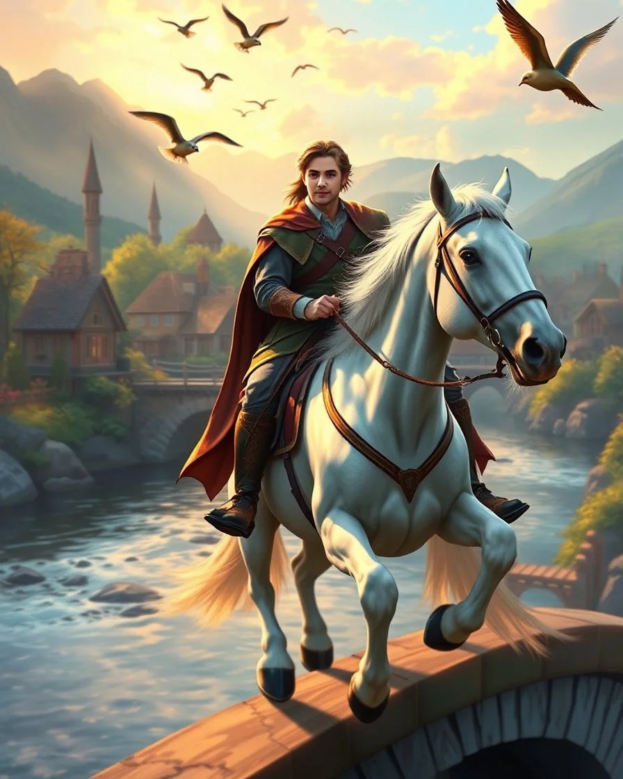 Handsome Prince elf riding white horse on end up beautiful bridge,birds flying,rivendell village background vibrant colors