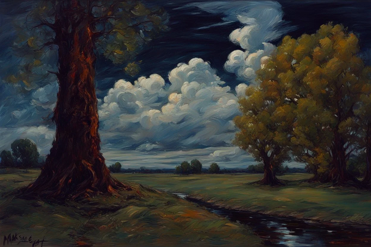 Trees, night, clouds, one person, 2000's sci-fi movies influence, max slevogt impressionism painting