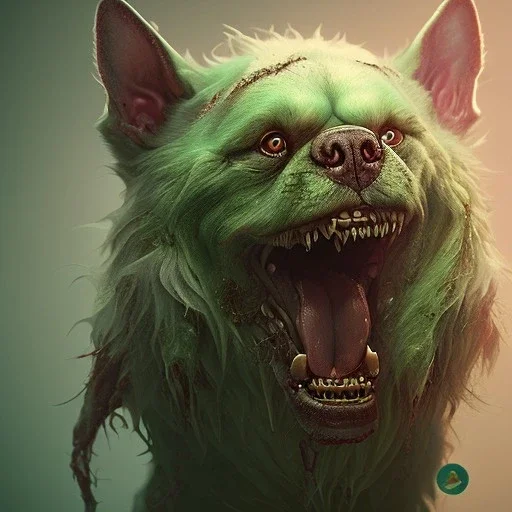 Dog, monster, green, horror, teeth, gore, blood, masterpiece, expert, 8K, hyperrealism, sharp focus, cinematic lighting