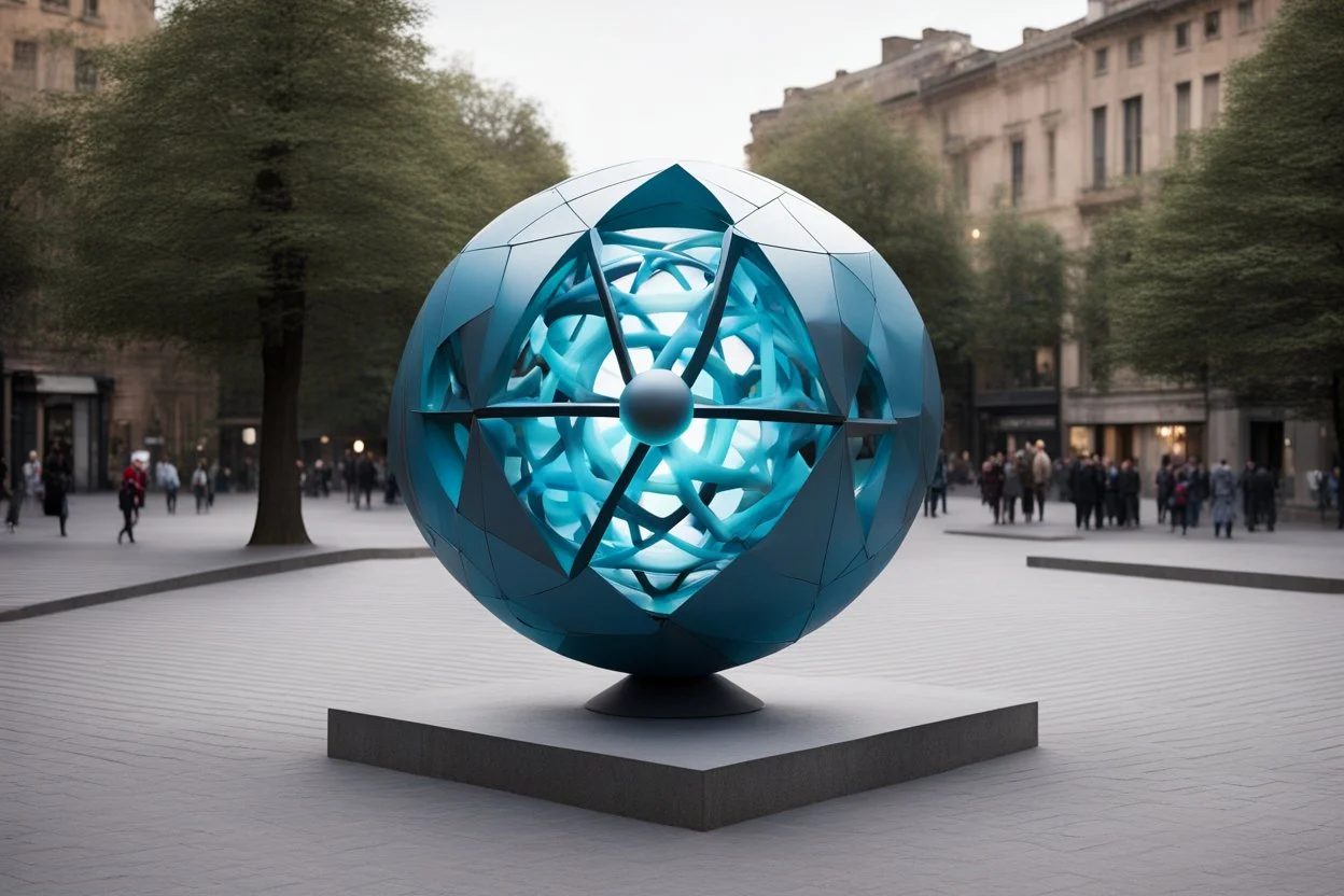 статуя на улице, Шар как атом/молекула: Сделать поверхность шара похожей на модель атома или молекулы, используя геометрические формы, светящиеся элементы или проекцию. . Для этого можно использовать различные геометрические формы, такие как круги, треугольники, шестиугольники и т. д., чтобы создать абстрактное изображение структуры атома или молекулы. Кроме того, возможно использование светящихся элементов, чтобы придать статуе особую магическую атмосферу и привлечь внимание прохожих ночью.