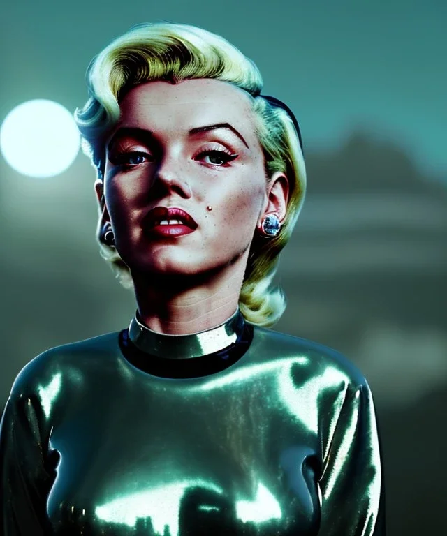 Ultra Realistic retro sci-fi 1960 scene, waist up view portrait, blonde woman, sweet young Marilyn Monroe face, perfect iris, tight latex coat, Strange planet background, Retro sci-fi style glass helmet, fog, rain, soft color, highly detailed, unreal engine 5, ray tracing, RTX, lumen lighting, ultra detail, volumetric lighting, 3d, finely drawn, high definition, high resolution.