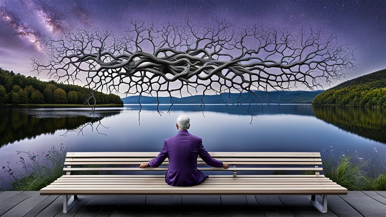 back to the camera on a beautiful amorph bench a figure sittings in a beautiful landscape and overlooking the water of the nearby lake, calm, harmonious atmosphere, muted dark colors, purple, white, gray, green, blue, brown, silver, and pale colors, ,not too colorful colors, Whimsical style and giant stunning neuron network all over the sky, half shadow and half light picture, surreal stunning vibe