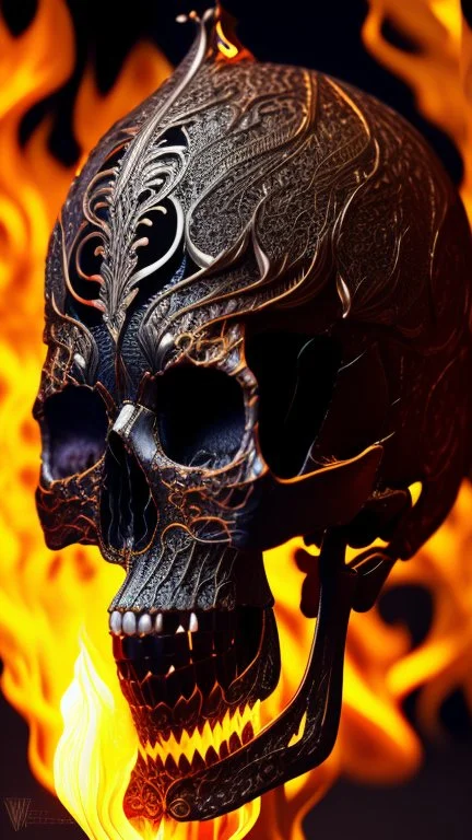 A beautiful highly detailed ornate intricate portrait of a flaming demon skull made of shiny obsidian glass :: reflective, glassy :: subtractive lighting, backlit :: by John William Waterhouse, Greg Rutkowski, HR Giger :: hyperrealistic, hyper detailed, photorealistic :: epic, incredible composition, amazing depth, meticulously composed, 16k resolution concept art :: fantasy magazine cover art