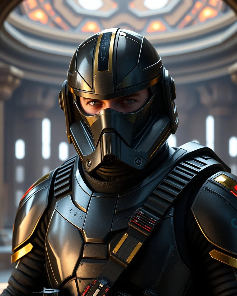 star wars bald male corellian pilot wearing pearlescent black and gunmetal grey First Order special forces heavy assault stealth commando armor and helmet with gold and metallic red trim inside the jedi temple, hyperdetailed, dynamic lighting, hyperdetailed background, 8k resolution, volumetric lighting, light skin, fully symmetric details