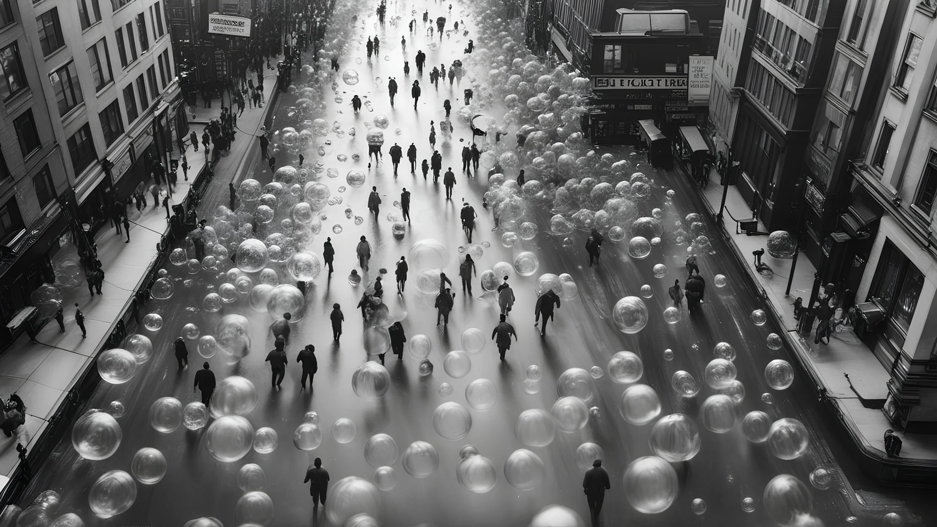 hyper realistic black and white aerial view of humans in plastic bubbles walking down a New York street, photorealism, highly detailed, 4k