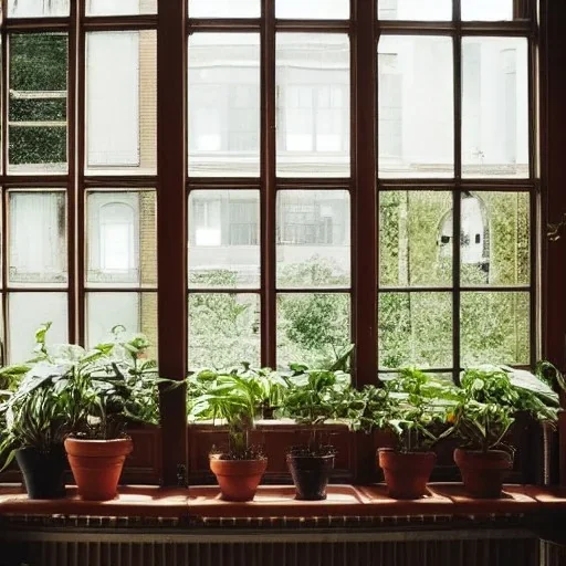  mahogany table lush house plants in pots looking out of a window to a crowded city with many textbooks on the table