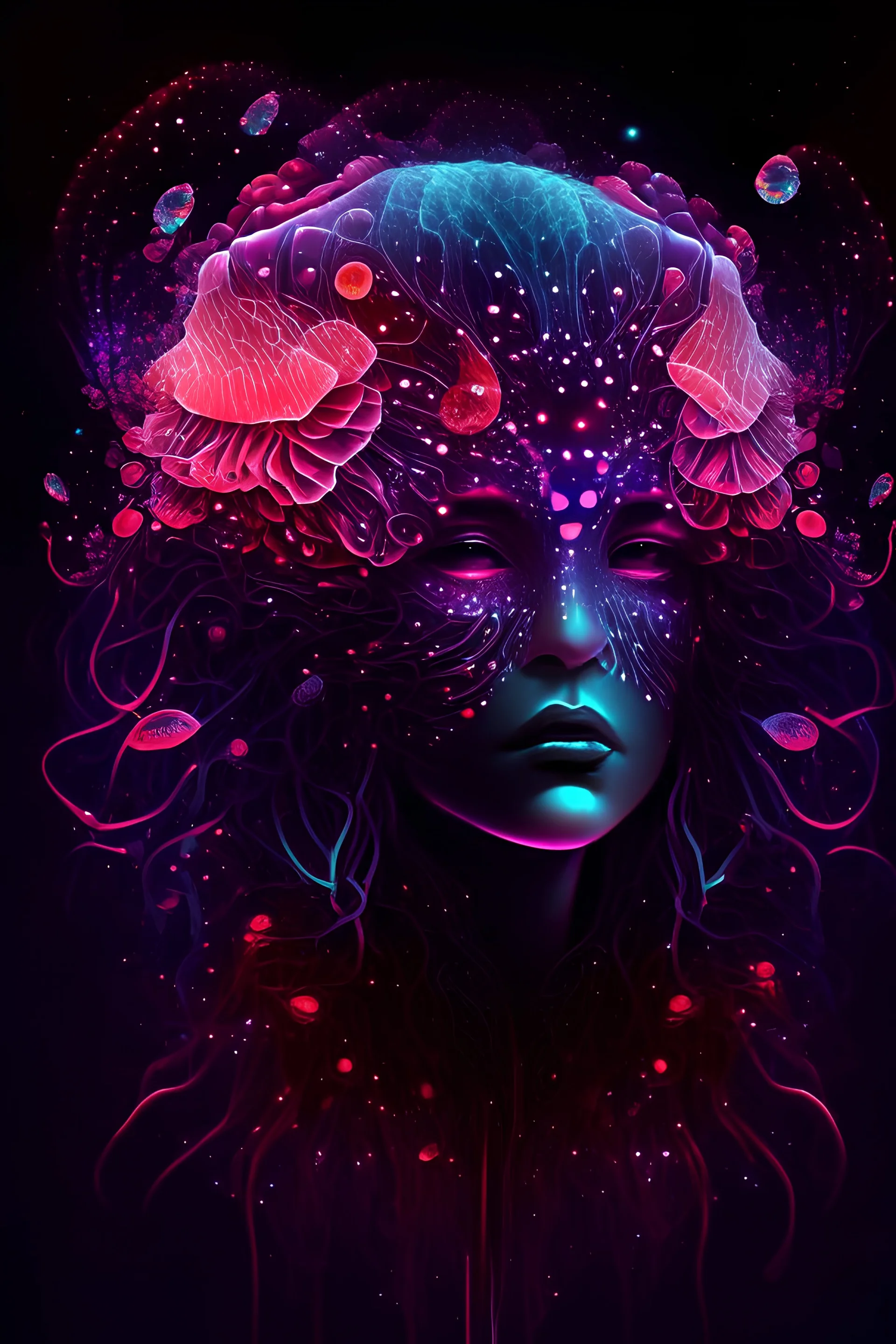 Beautiful giarl, jellyfish, mask neon crystal out her mind beautiful colorfully flowers and star pattern on fur front facing dark smooth colors high contrast background darkred tones,