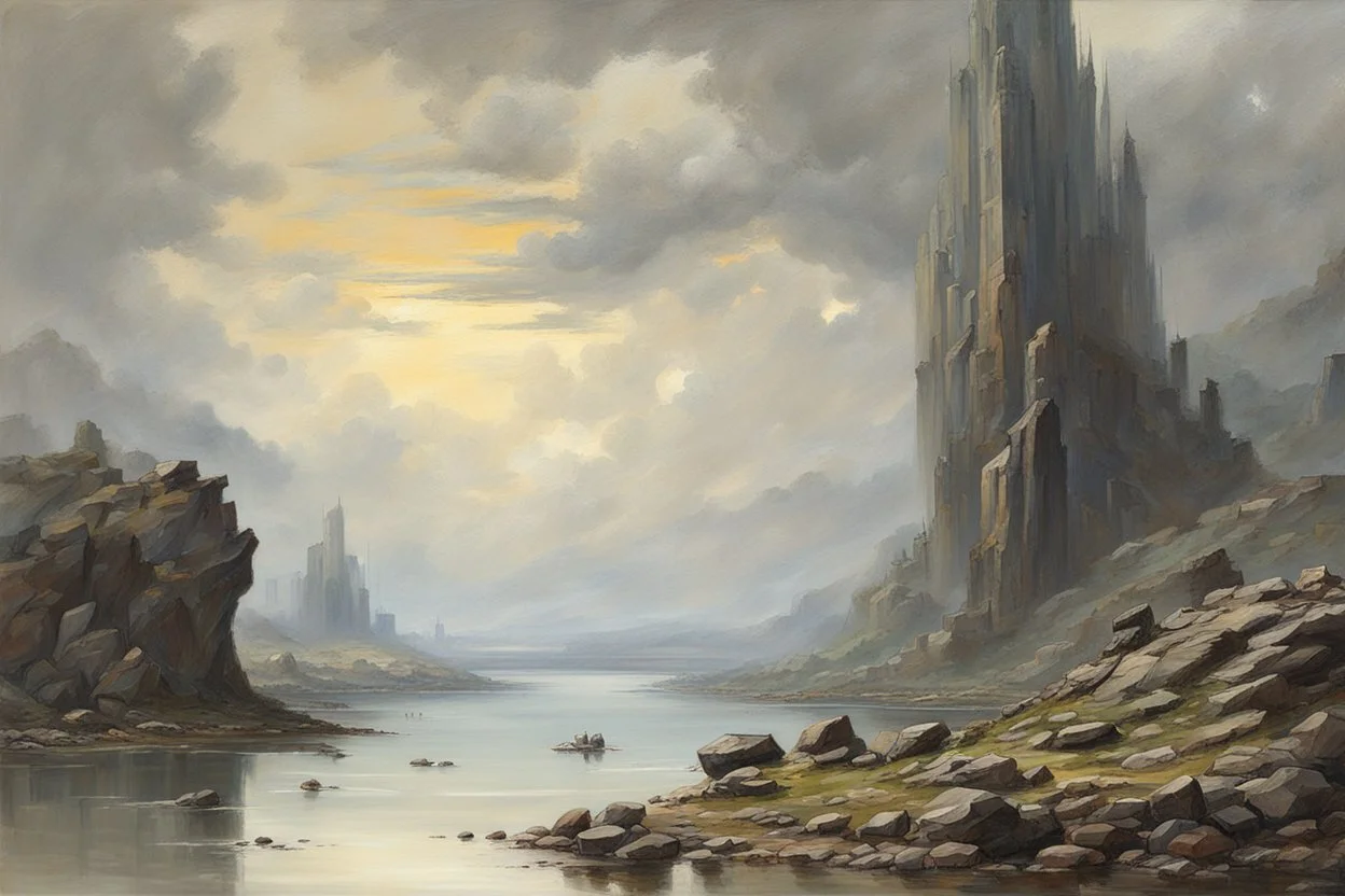 Cloudy day, distant city, lake, rocks, 2000's sci-fi movies influence, friedrich eckenfelder, and pieter franciscus dierckx impressionism paintings