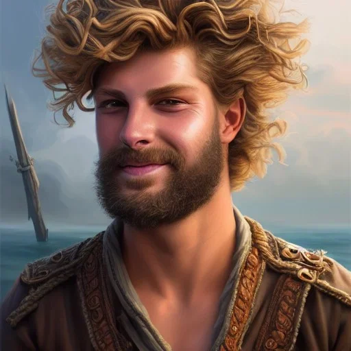 Portrait of Yung Gravy as a ruggedly handsome but joyful roguish pirate, charismatic, attractive male, masculine, perfect, precisely detailed face, meticulously detailed multi-hued curly hair; fantasy, intricate, elegant, highly detailed, digital painting, artstation, concept art, matte, sharp focus, illustration, art by artgerm and greg rutkowski and alphonse mucha